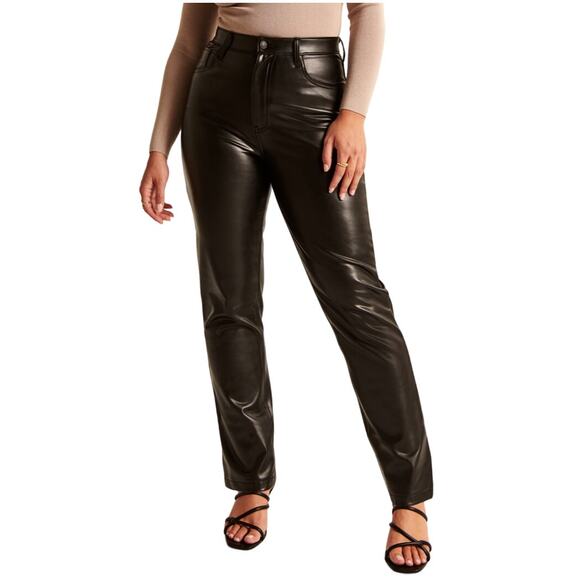 Abercrombie Fitch 32 NEW Curve Love Vegan Leather 90s Slim Straight Pant Black - Picture 1 of 14